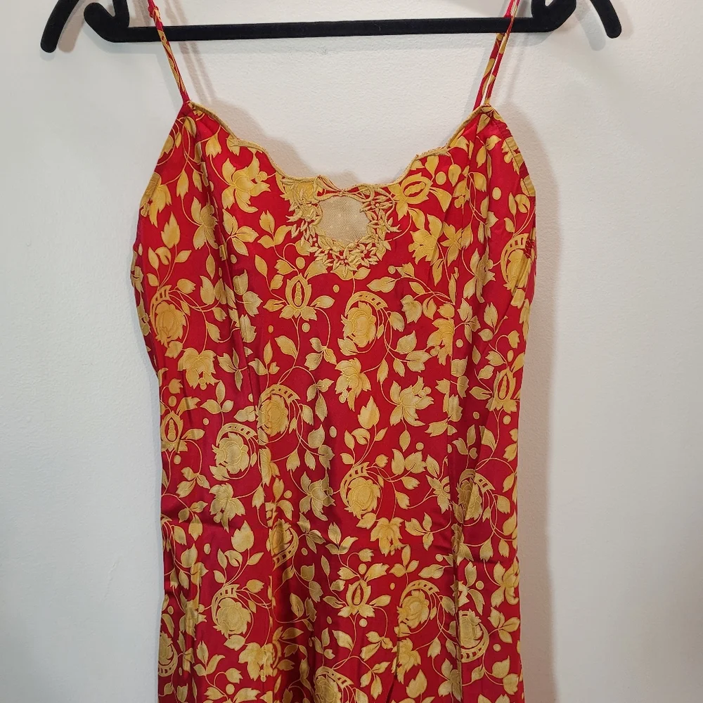Victoria Secret Vintage 90s scarlet red & gold lace 100% silk mini slip dress- M - Picture 5 of 9